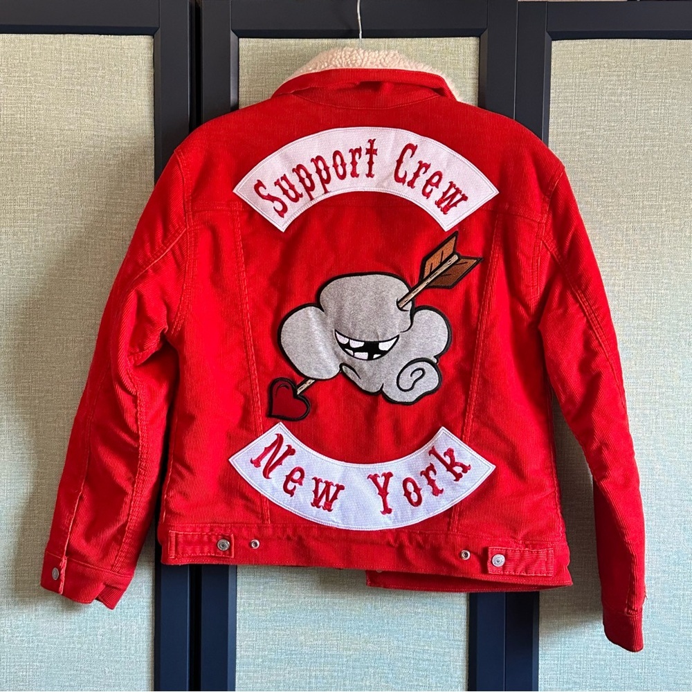 Levi’s Tomato Red Corduroy Patchwork Ex-Boyfriend Sherpa Trucker Jacket, Size S